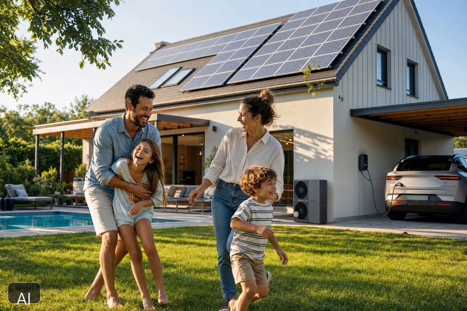 Familie vor modernem Haus mit Photovoltaik, Wallbox und Wärmepumpe (KI-generiertes Bild)