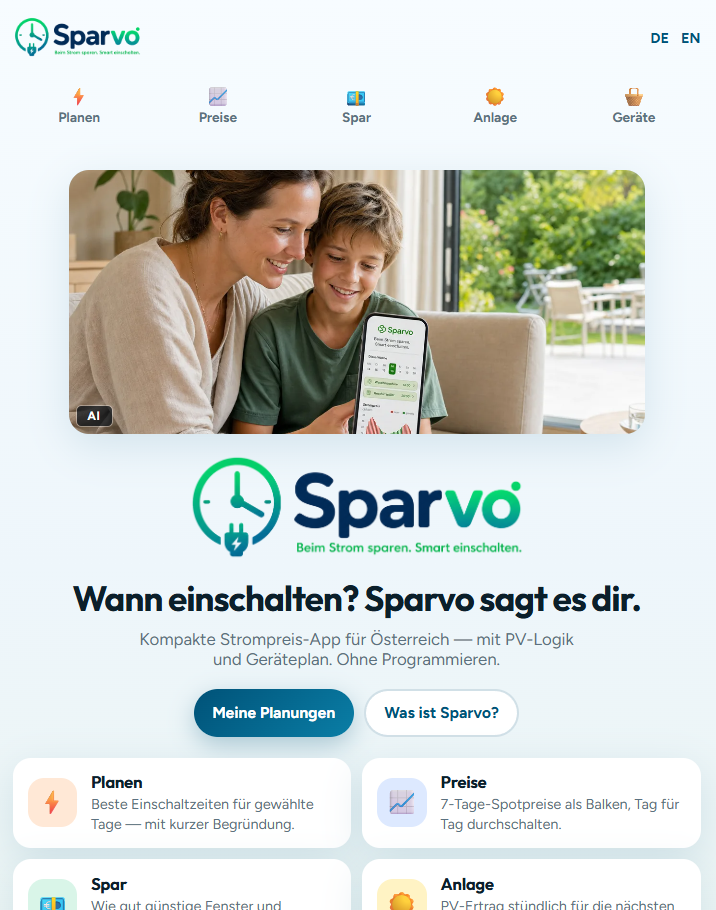 Screenshot der Sparvo-App: Wann einschalten? Mit Planen, Preisen, Spar, Anlage und Geräten.